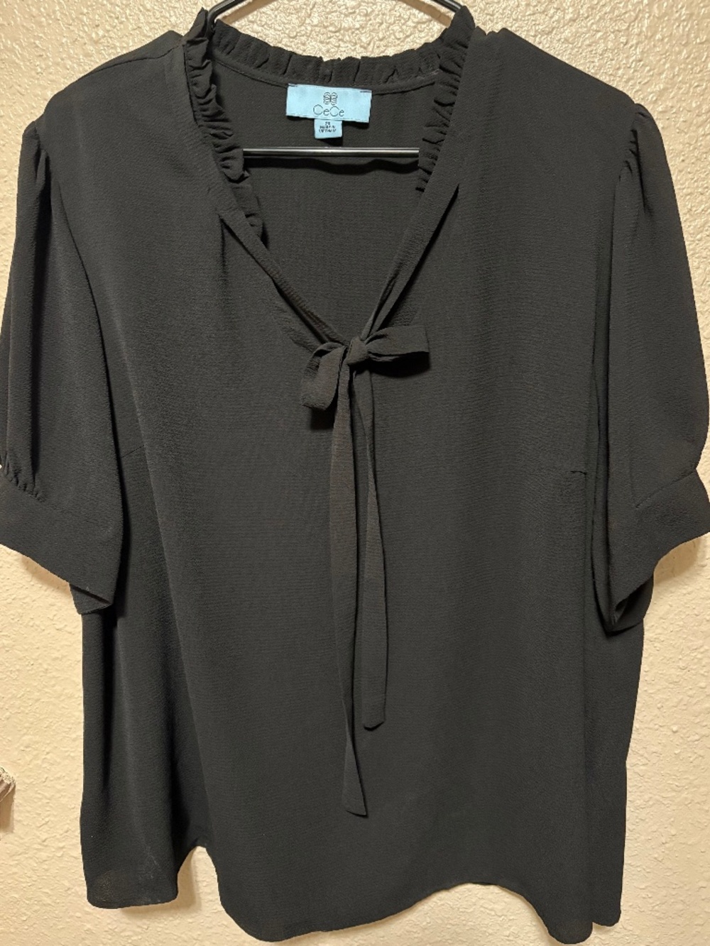 Cece Black Pleated Ruffle Tie Neck Blouse